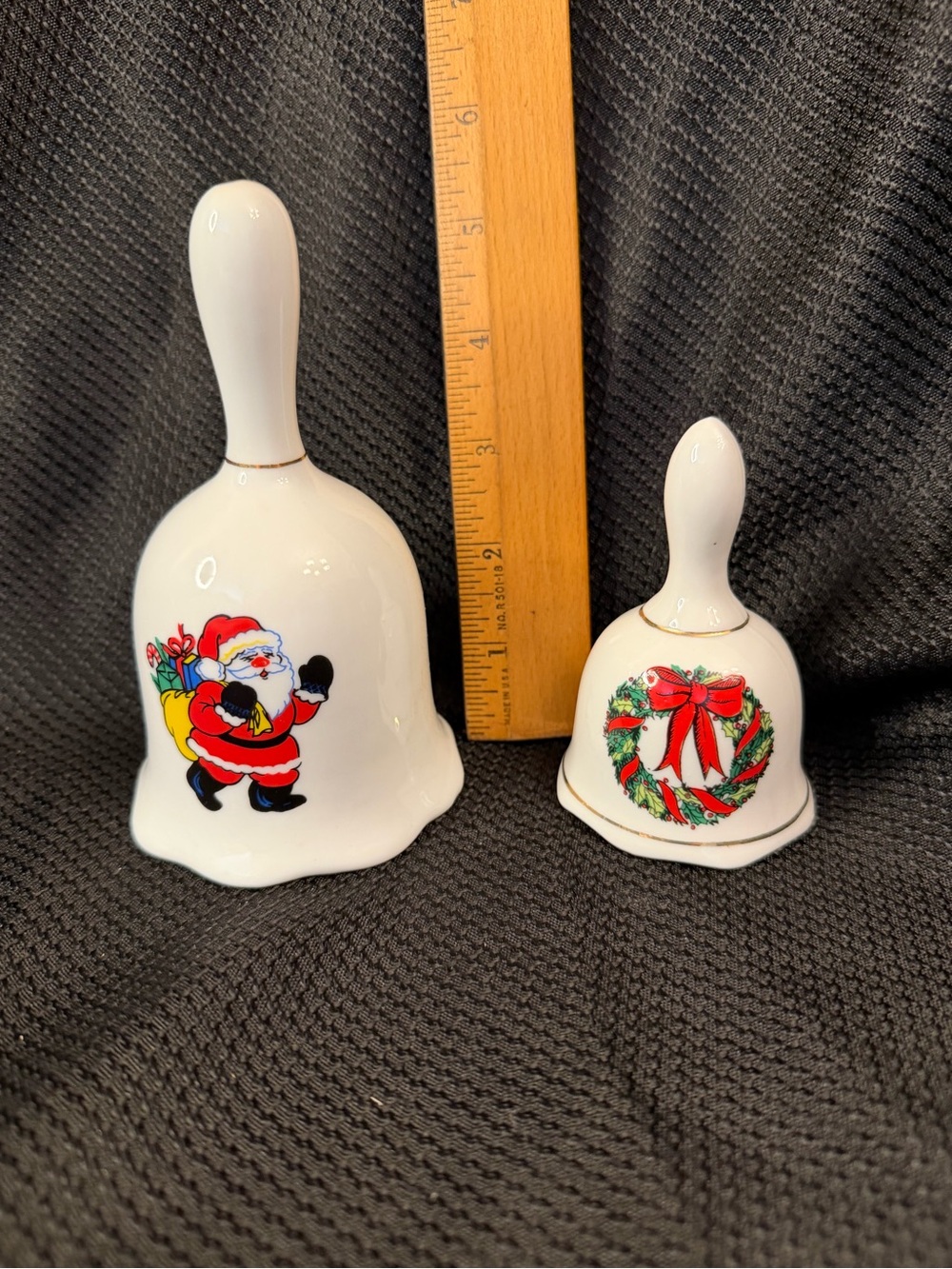 Set Of Vintage White Ceramic Christmas Bells Santa Claus Wreath Collectible